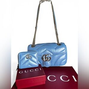 GUCCI GG Marmont Small Leather Shoulder Bag -Irridescent Light Blue with wallet